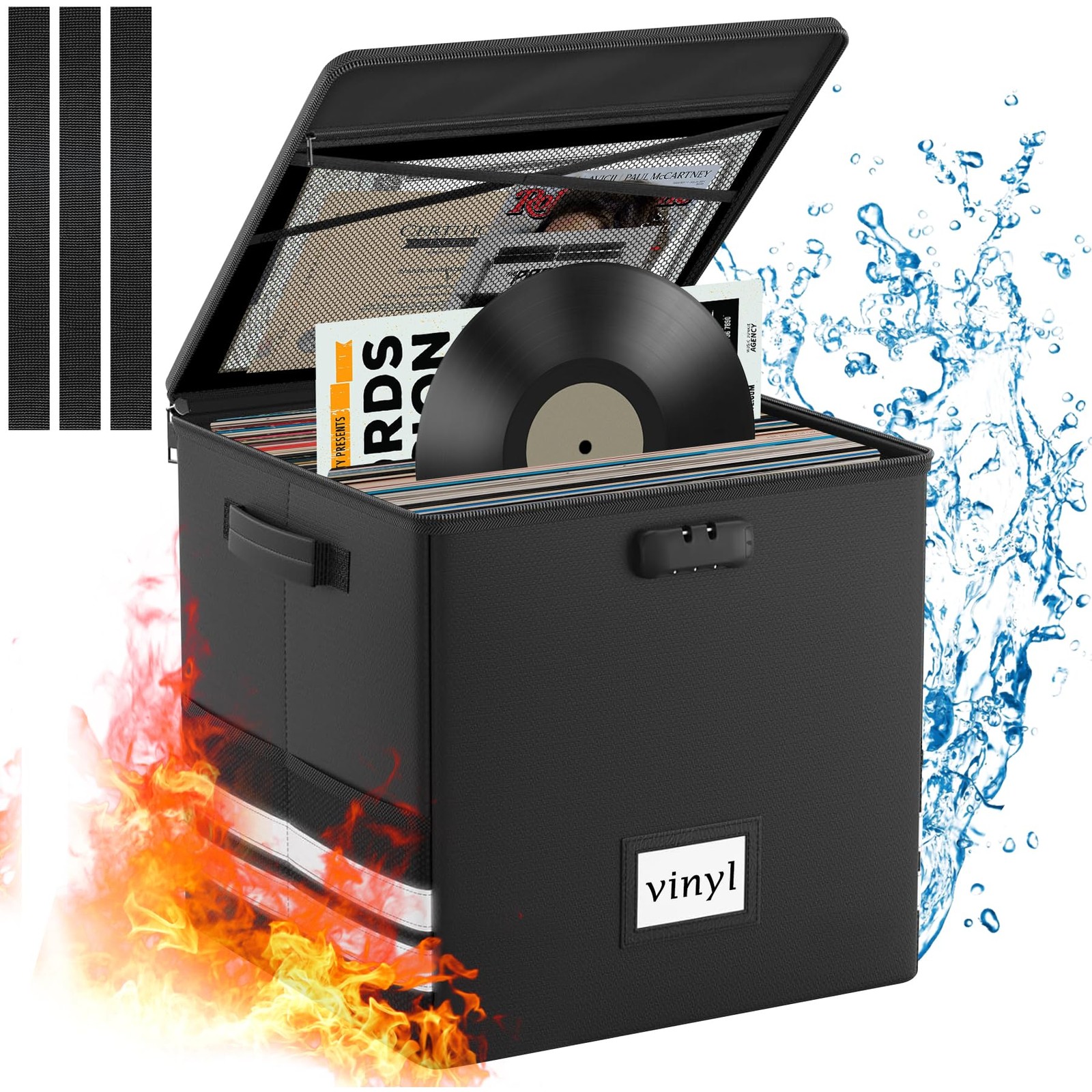 Vinyl Record Storage Box with Lock - Fireproof Waterproof 12 Record Organizer
