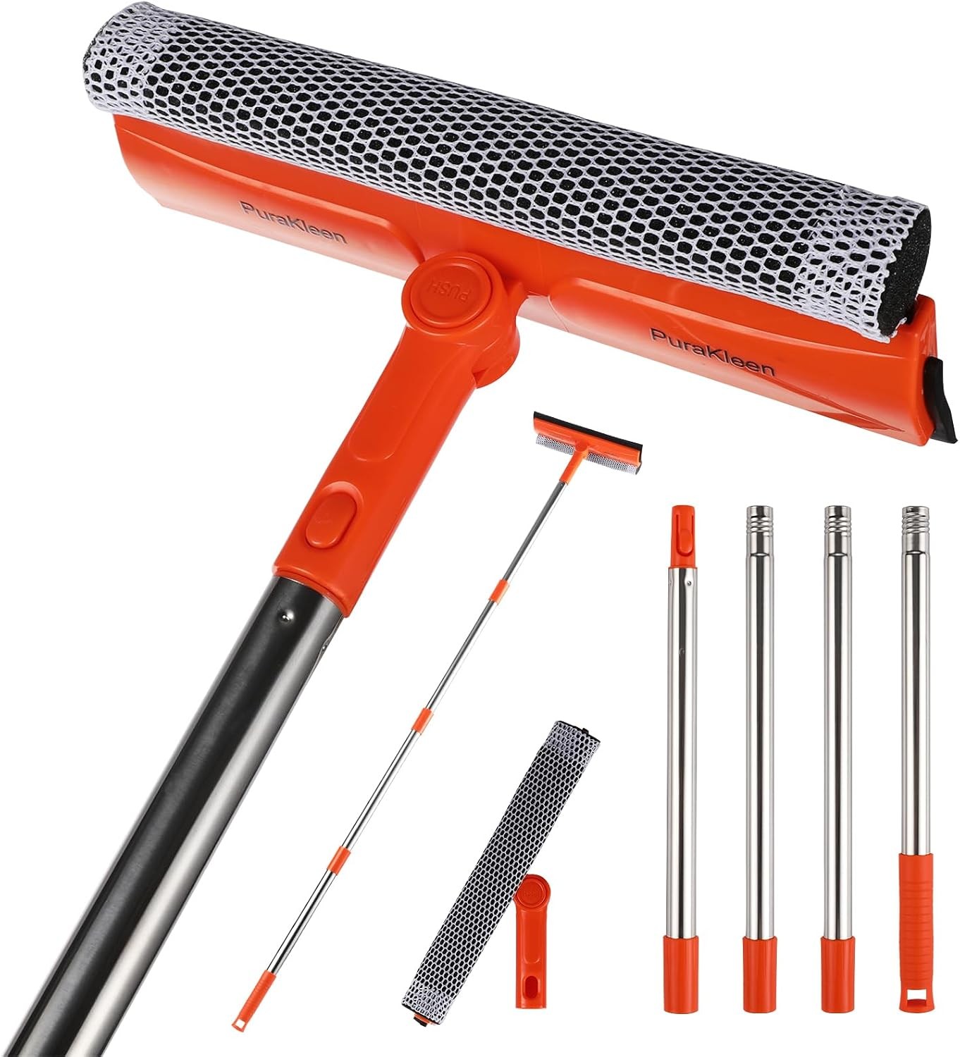 Window Squeegee with 62" Adjustable Stainless Steel Pole —2-in-1 Sponge Scrubber