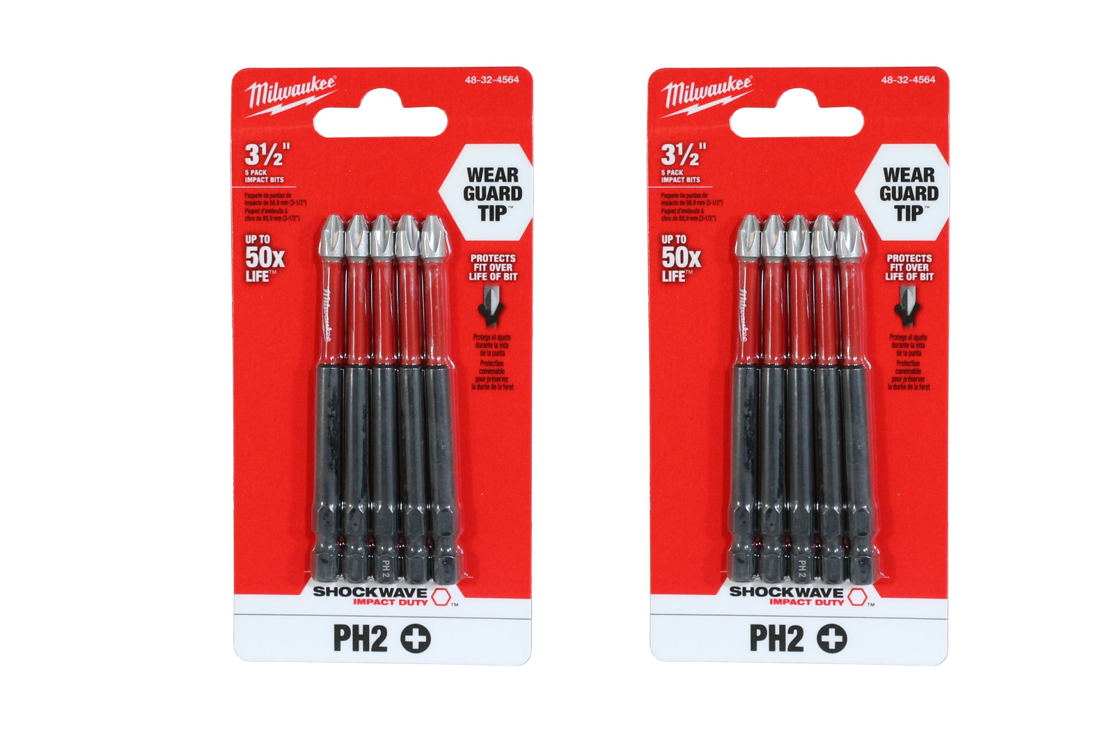 Milwaukee Shockwave 3-1/2" Phillips Power Bits- 2 Packs of 5 (48-32-4564)_NEW