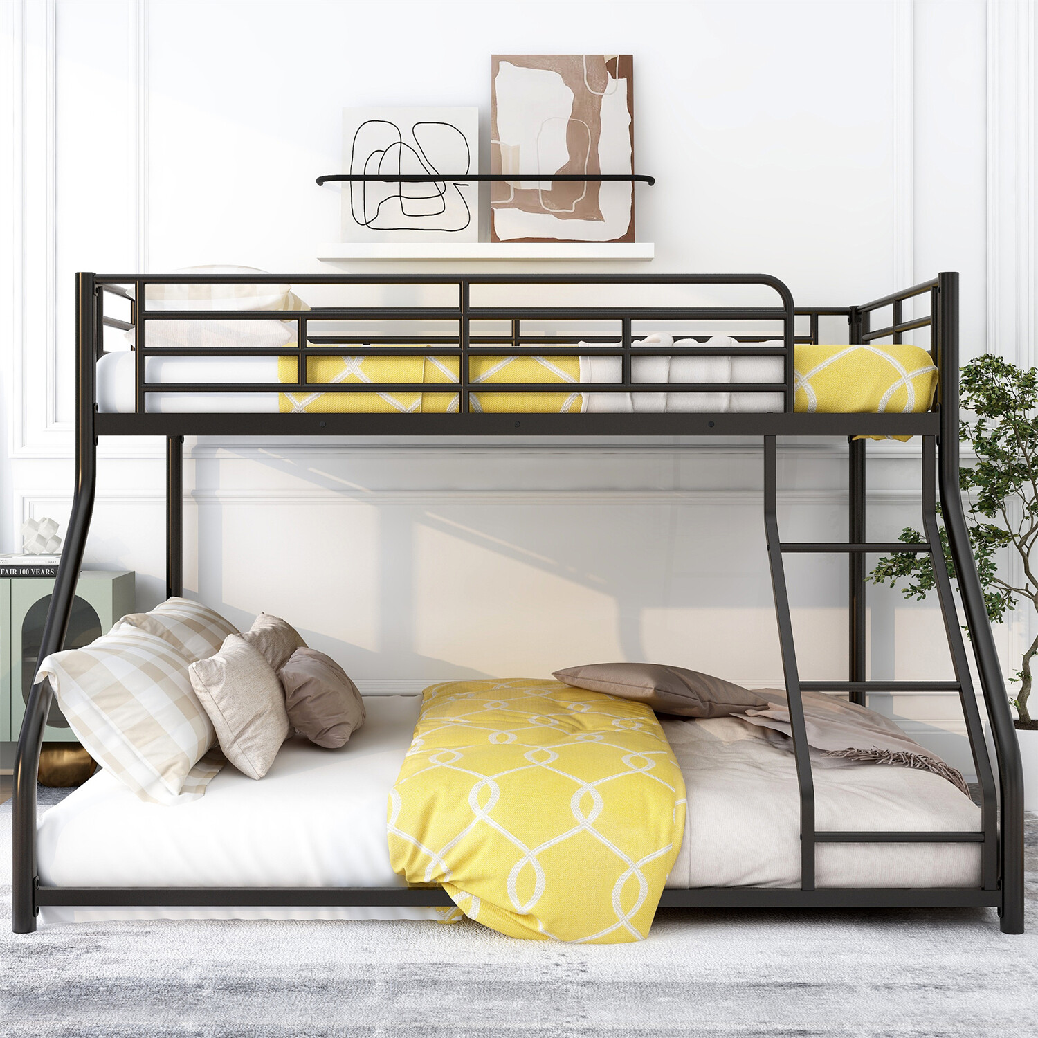 Easy Assembly Twin XL Over Bunk Bed Heavy Duty Metal Floor Bunk Bed Frame+Ladder