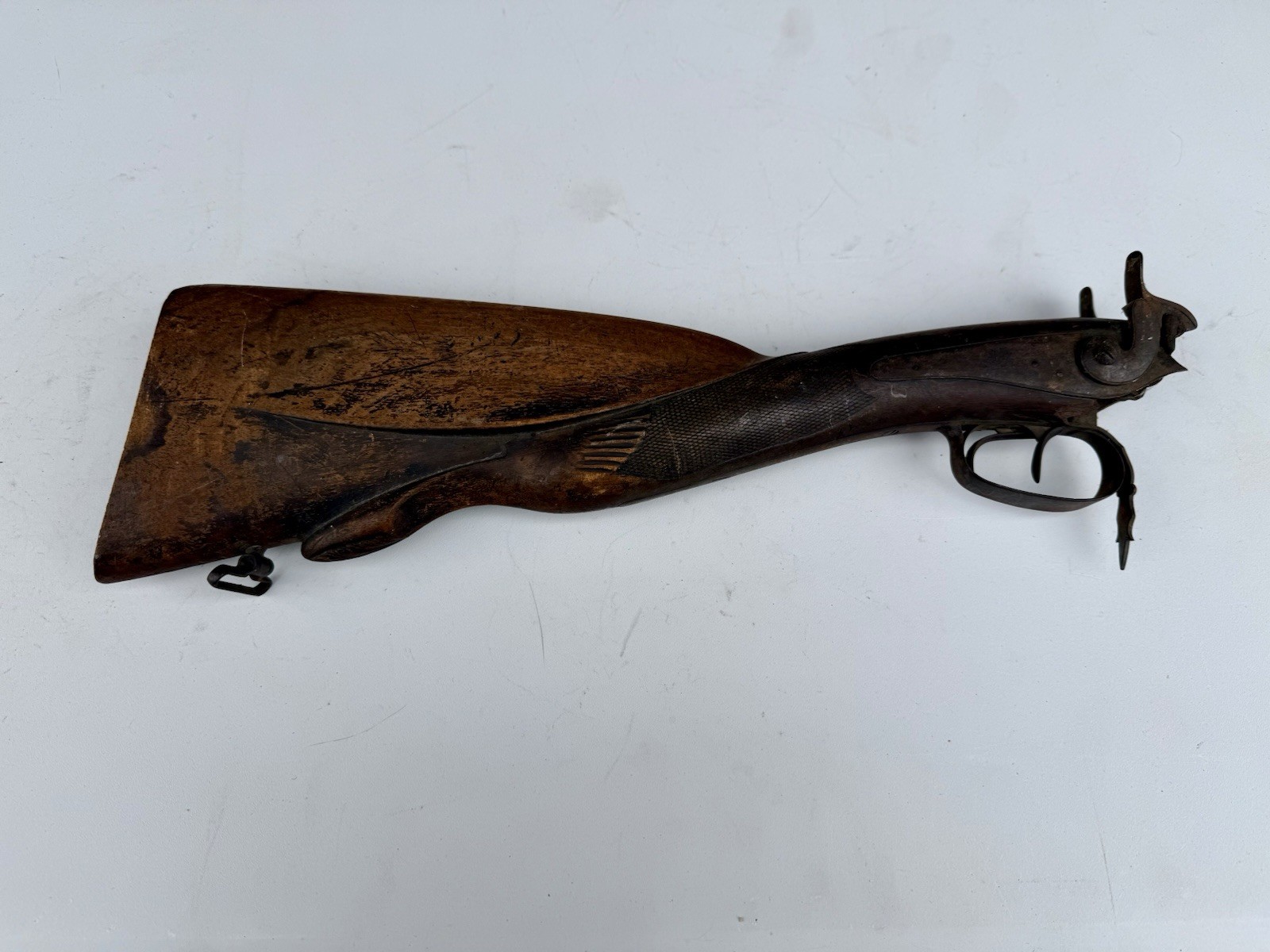 19thC Percussion Cap Muzzle Loading Double Barrel Carved Stock & Trigger PARTS