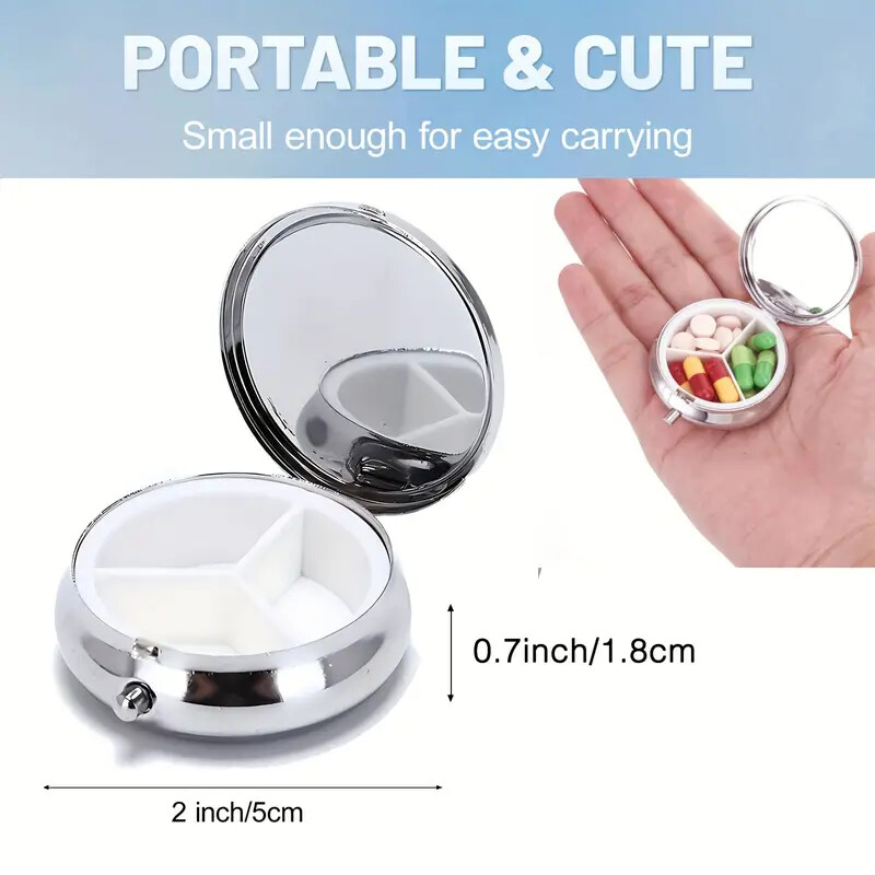 Mini Decorative Metal Round Pill Box, 3 Compartment Mini Decorative Pocket Size