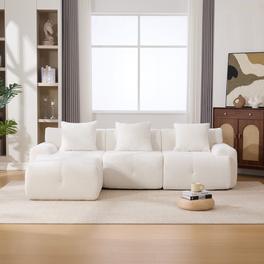 104.3" L-Shaped Modular Sectional Sofa w/ Ottoman & Pillows, Ivory