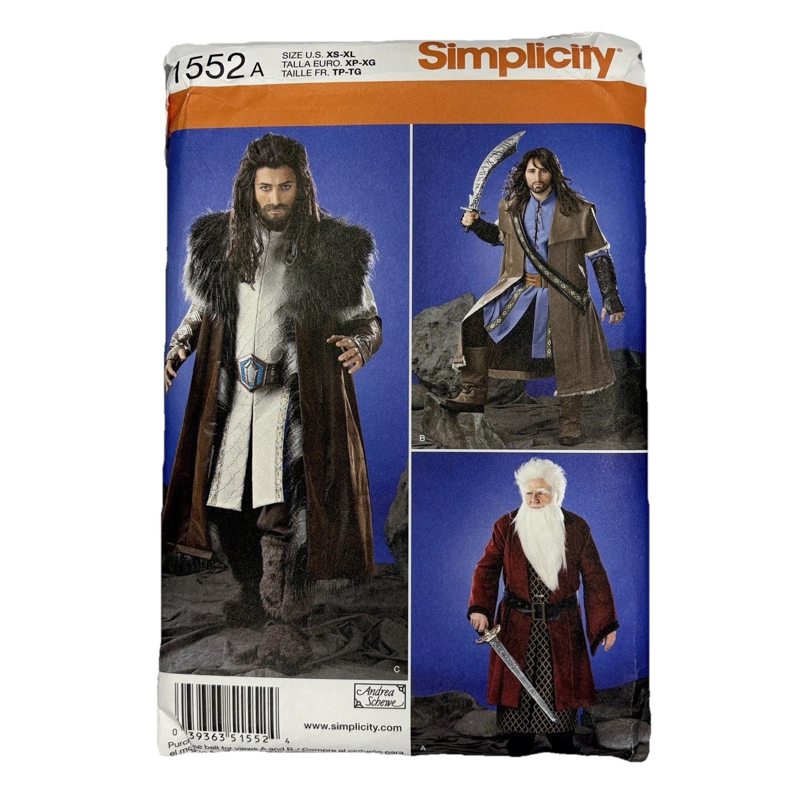 Simplicity 1552 Thorin Kili Balin Costume Pattern Dwarf Hobbit Medieval XS - XL