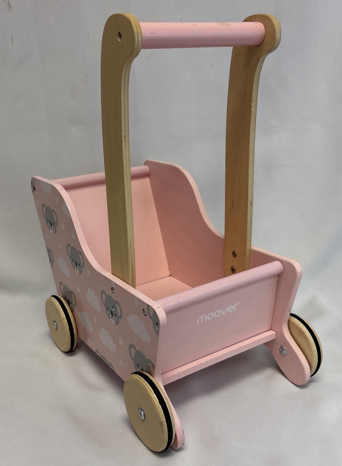 MOOVER Toys Pram Walker Baby Doll Wooden  Stroller Pink Koala Bears