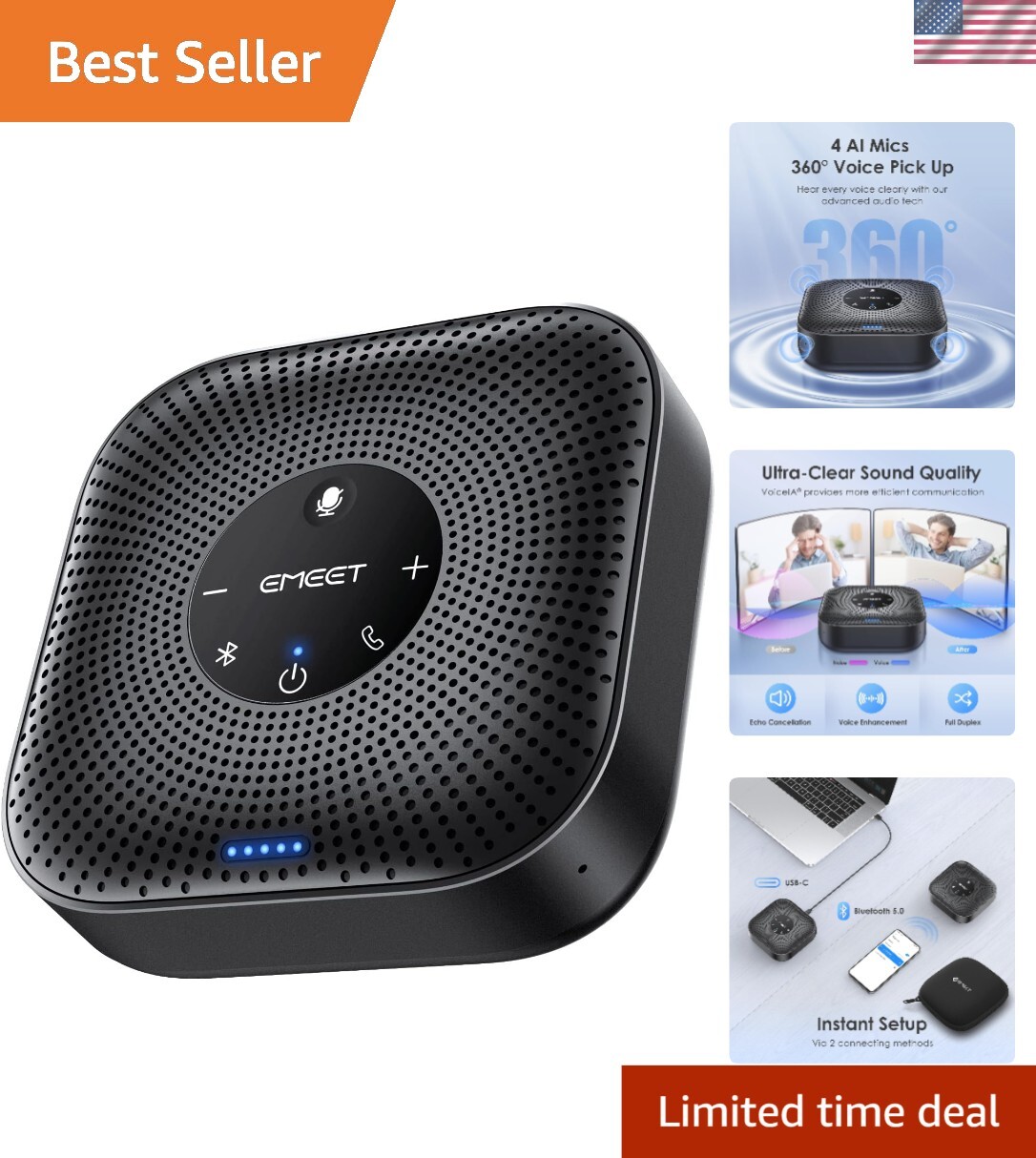 Expandable Conference Speakerphone with Daisy Chain Feature for 16 Attendees