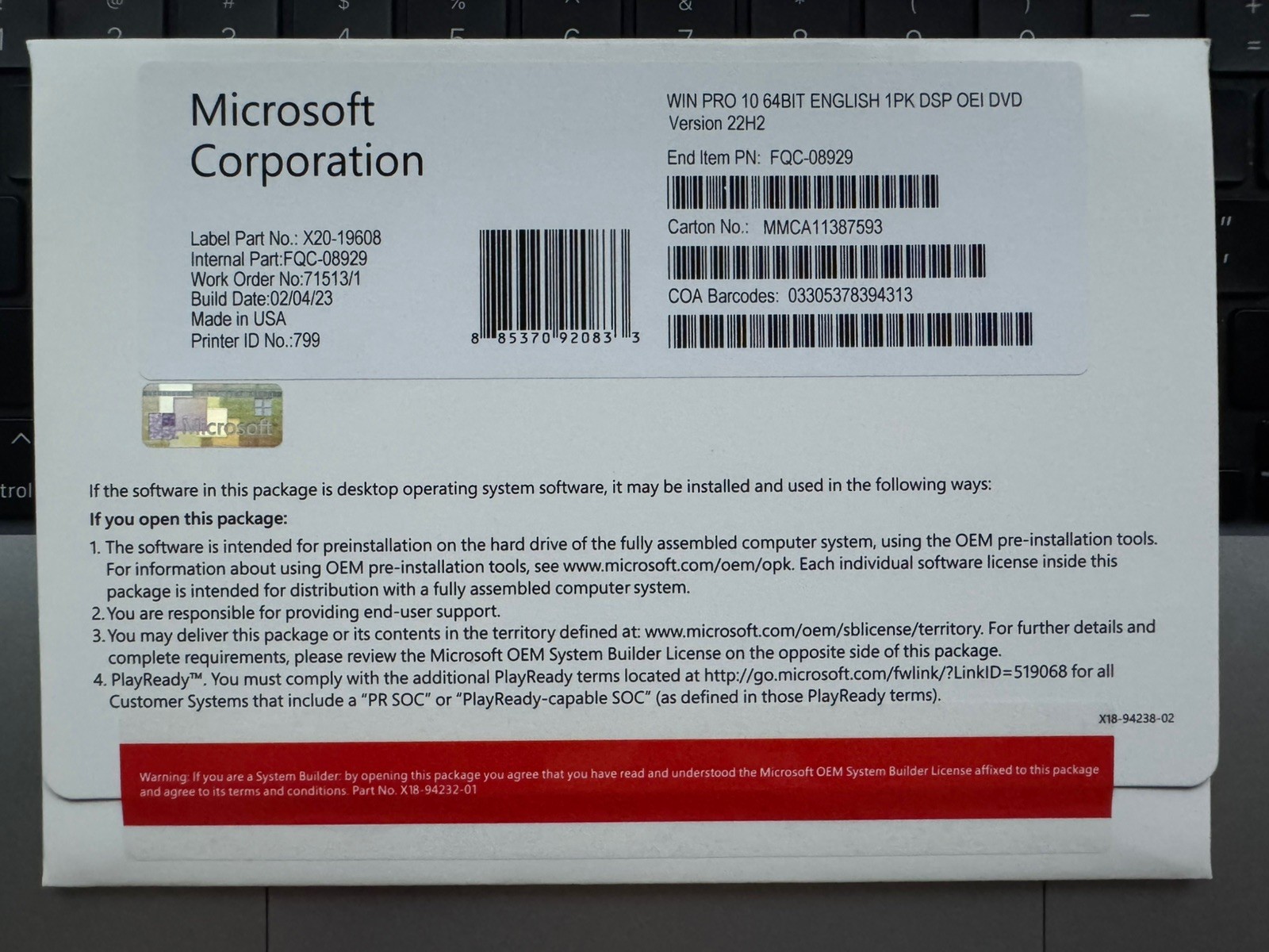 Windows 10 Pro 64 bit DVD with Product License Key New Sealed Free Shipping