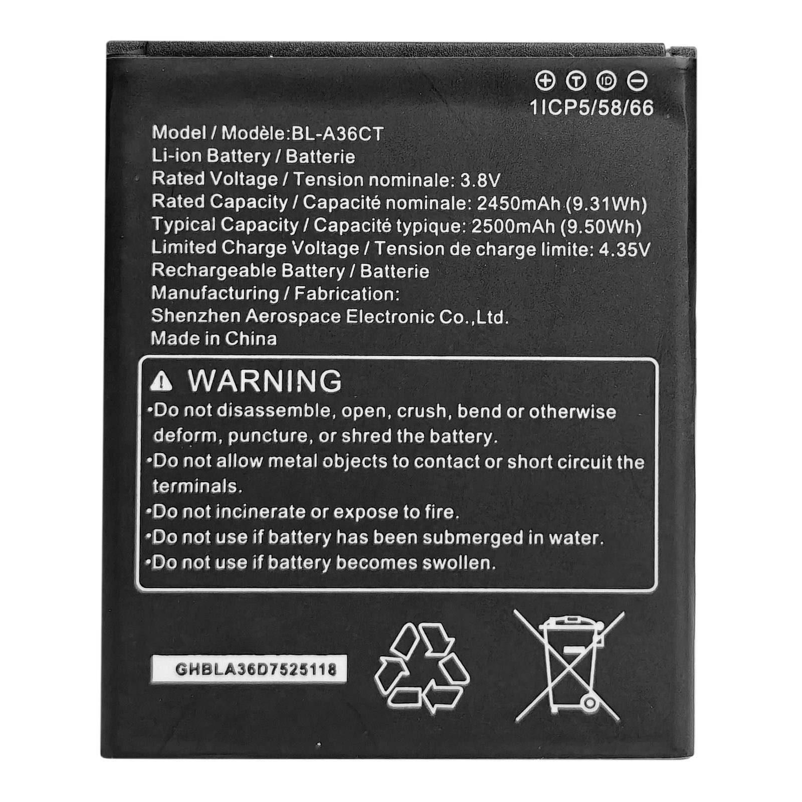 BL-A36CT 2450mAh Replacement Battery for Koobee K100 SL004T Assurance Cell Phone