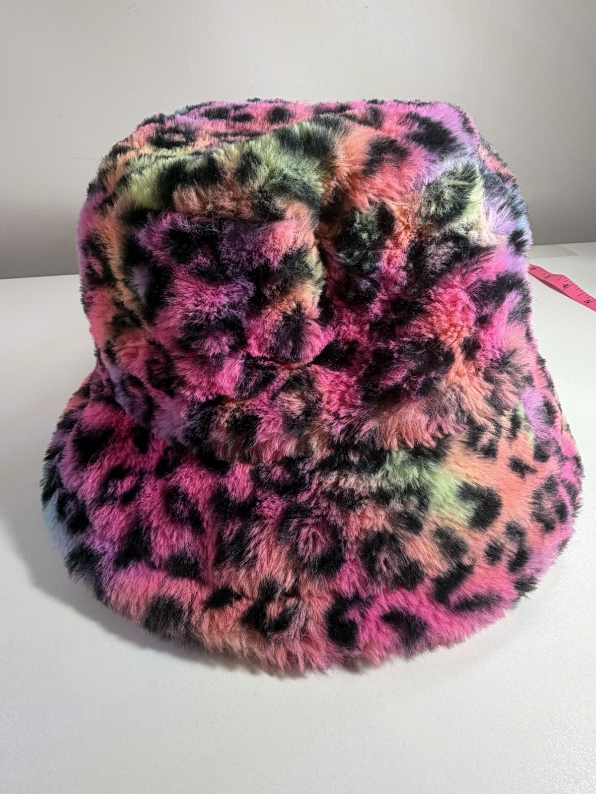 Multicolor Faux Fur Leopard Print Bucket Hat Wide Brim Fur Trim UNISEX One Size