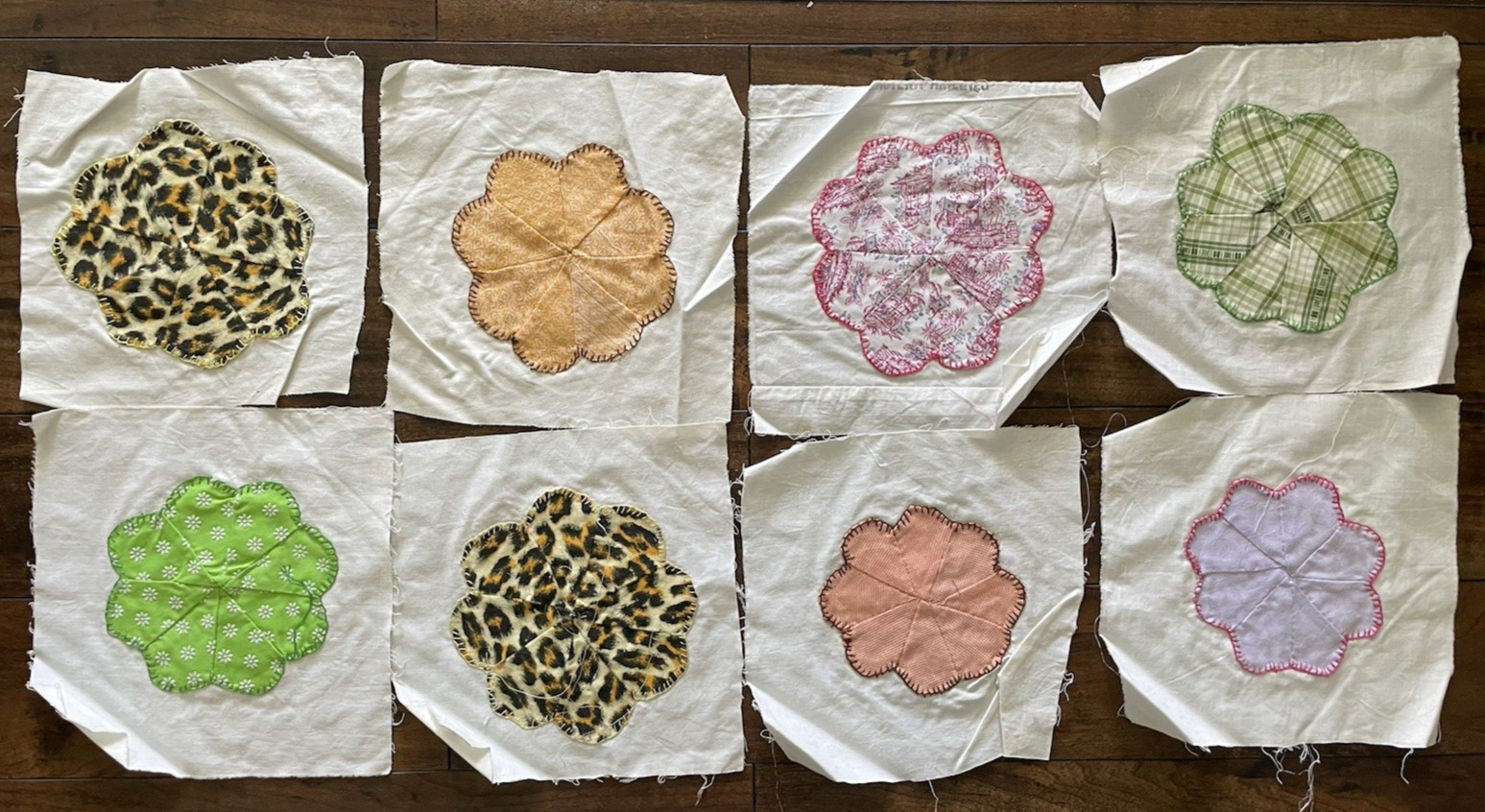 Vintage QUILT Block Squares Hand Sewn flowers 8pcs