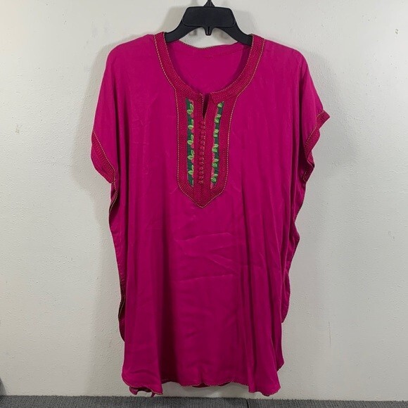 Moroccan Tunic Top Traditional Pullover Womens OS Magenta Floral Embroidered