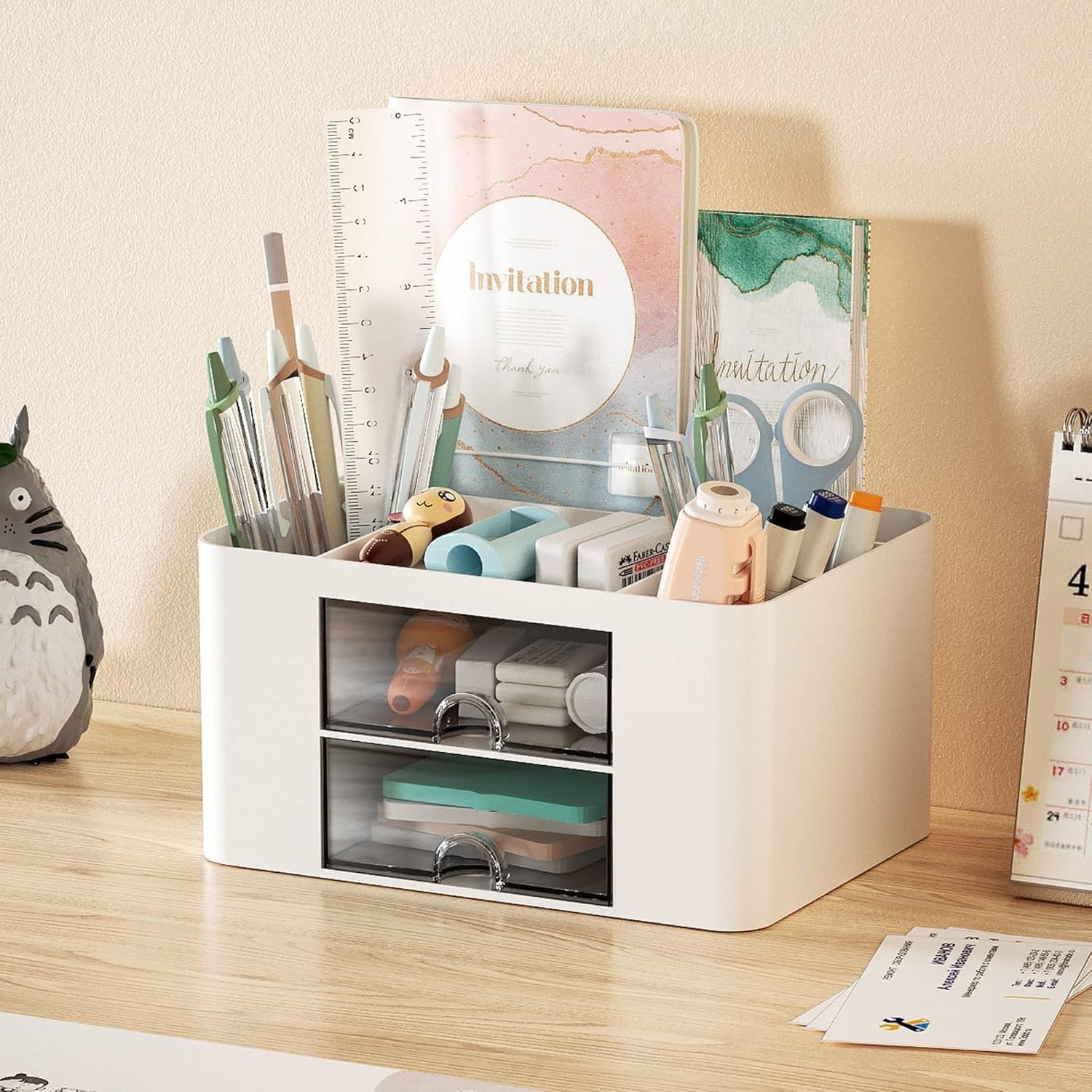 Multi-Functional White Plastic Pen Holder with Drawers for Tidy Workspaces