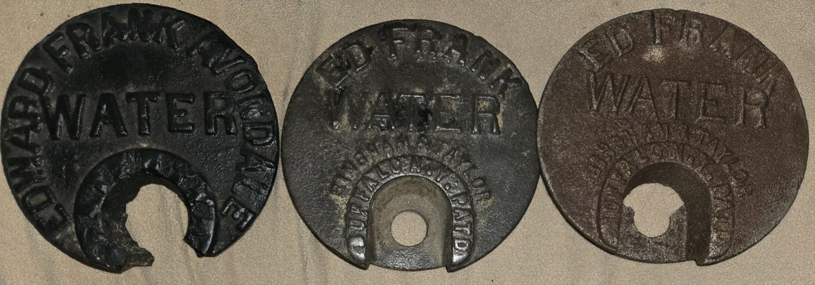 3 Bingham Taylor Water METER COVERS MARKED ED EDWARD FRANK ONE HAS AVONDALE WOW