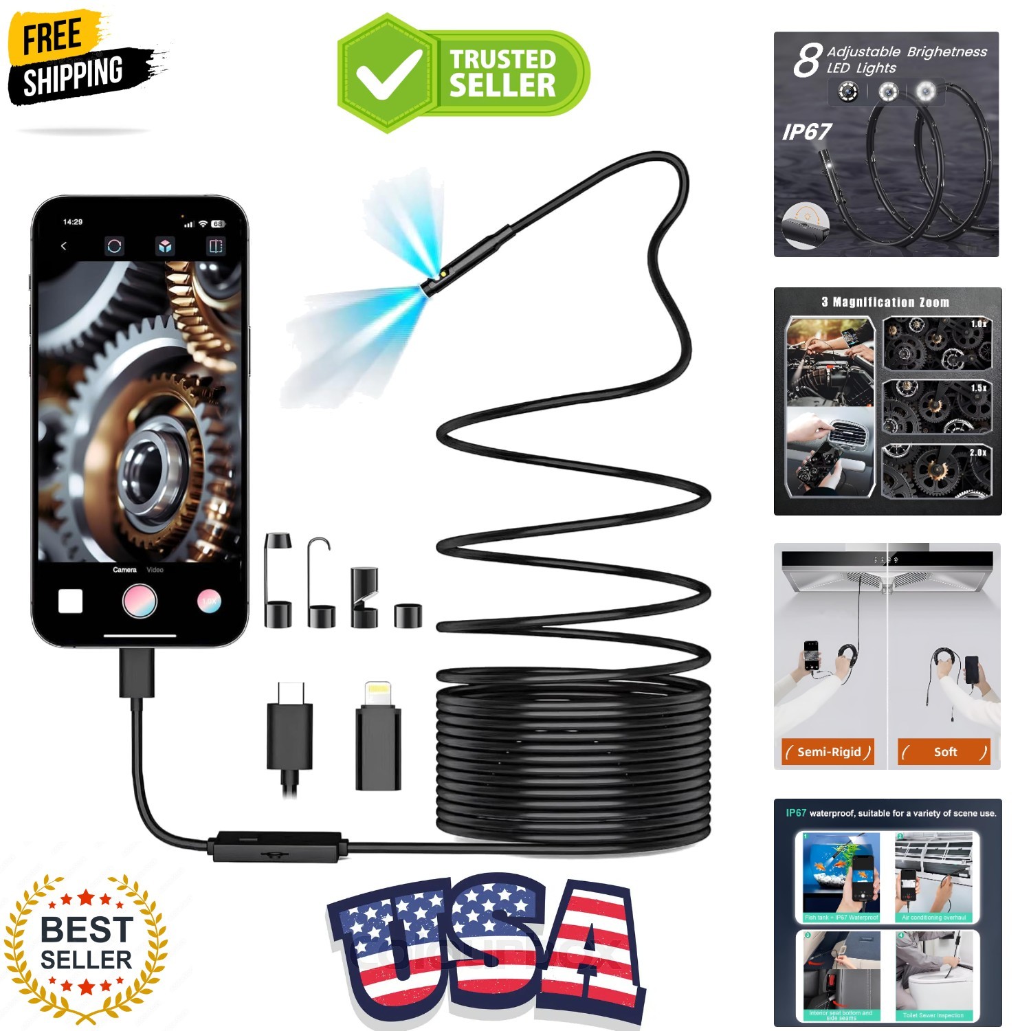 Dual-Lens Endoscope Camera with Light,Borescope with 8 Adjustable LED Lights ...