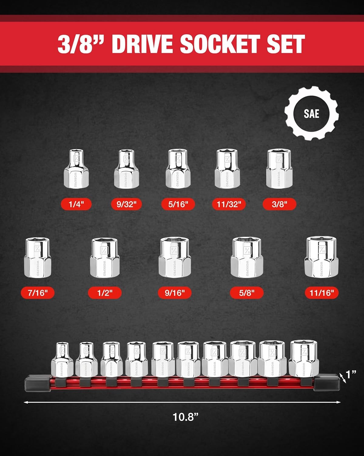 WORKPRO 10-Piece 3/8" Drive Socket Set SAE CR-V Socket External Hex Socket Set