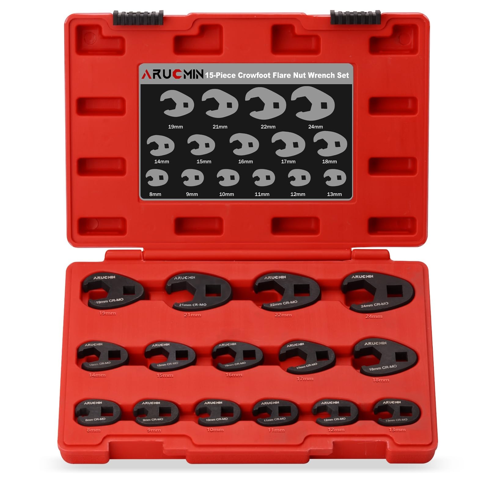 3/8" and 1/2" Drive Crowfoot Flare Nut Wrench Set, 15-Piece 8-24mm Metric Cro...