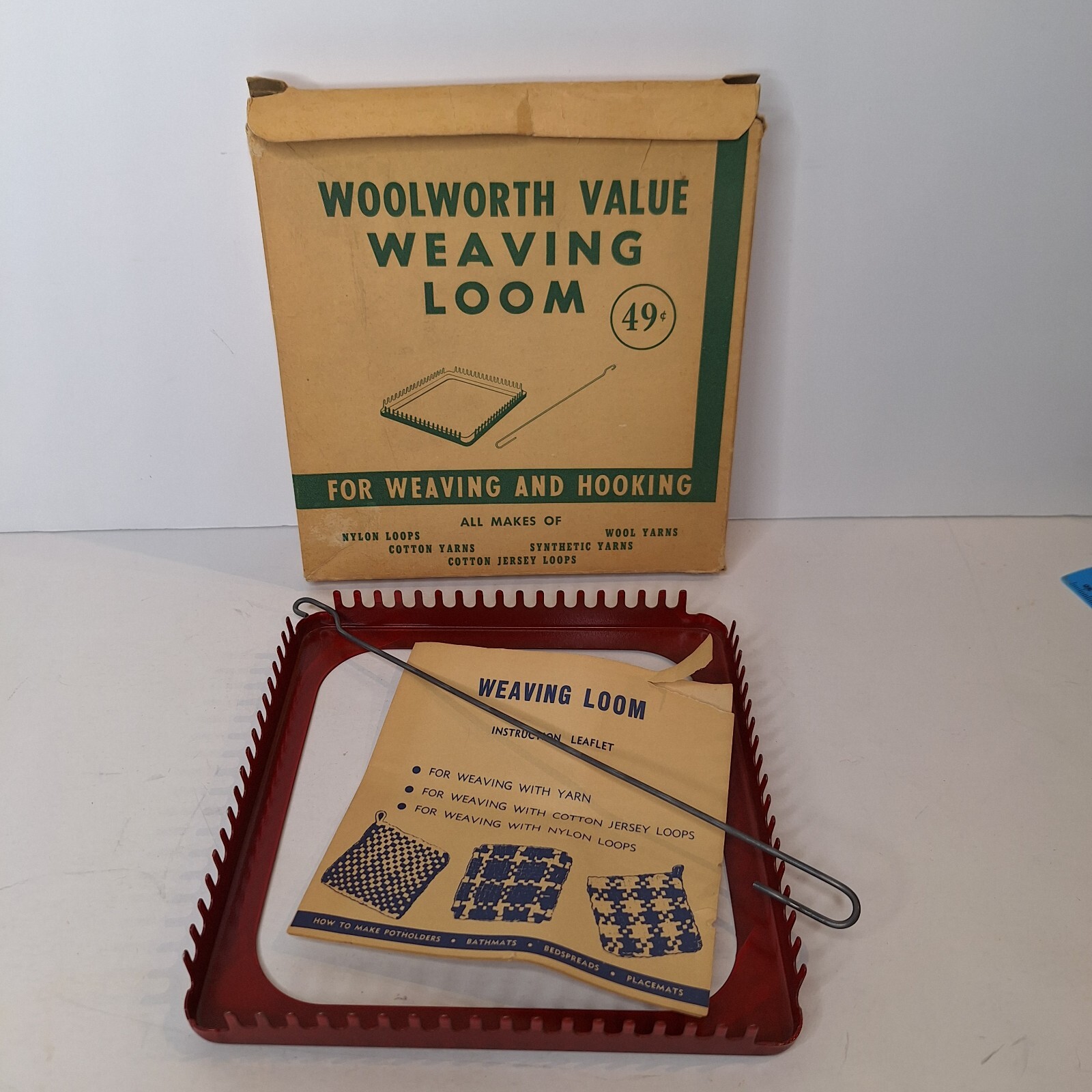 WEAVING LOOM 1940's 1950s Woolworth Value 7" Metal w/ Hook Instructions Box Vtg