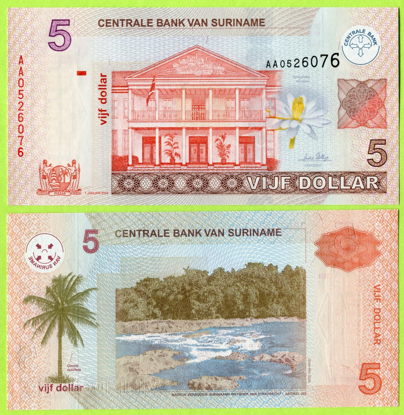 Suriname 5 Dollars 2004 P162a UNC