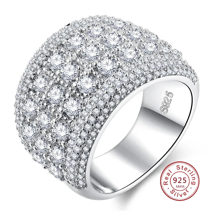 Pure 925 Sterling Silver Sparkling Wide Rings for Women Girls AAA CZ Crystal