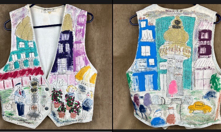 Hand Painted Paris, France Original Art-to-Wear Vest LARGE White Denim City