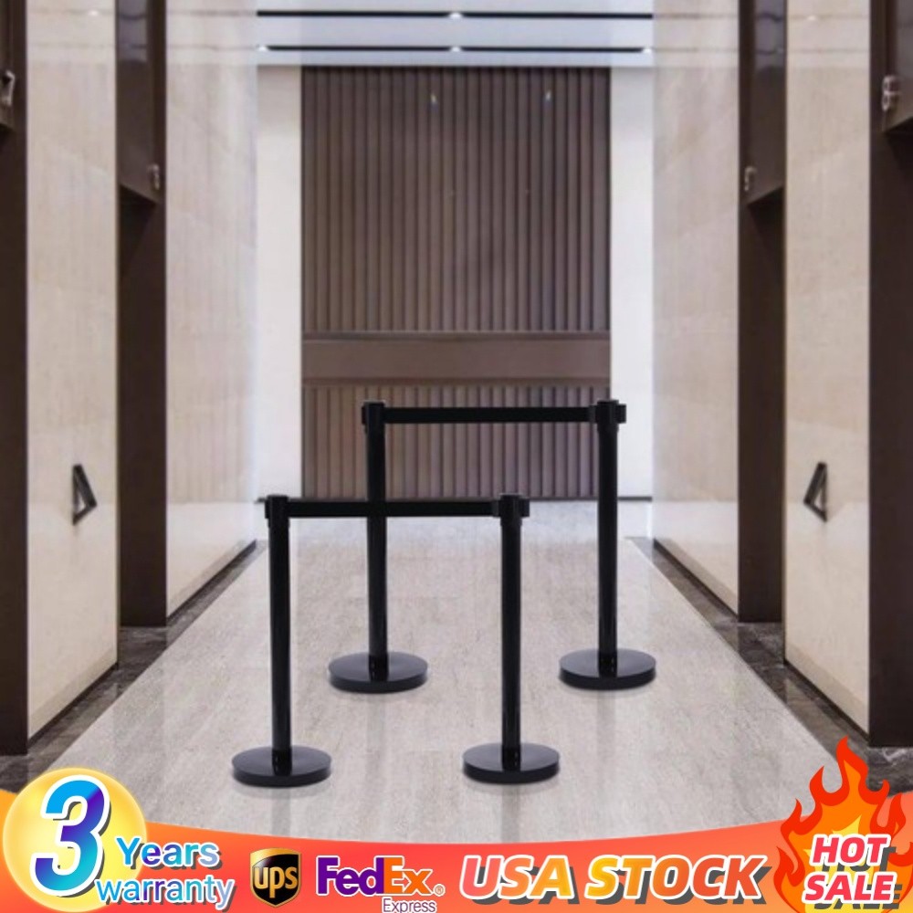 4pcs Stanchion Post Crowd Control 2 Retractable Belts, With Rubber Ring Base