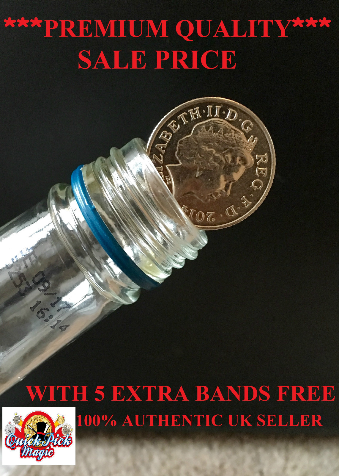 Close up Magic Coin in Bottle 10 pence  Folding 10p Coin Magic Trick + 5 bands