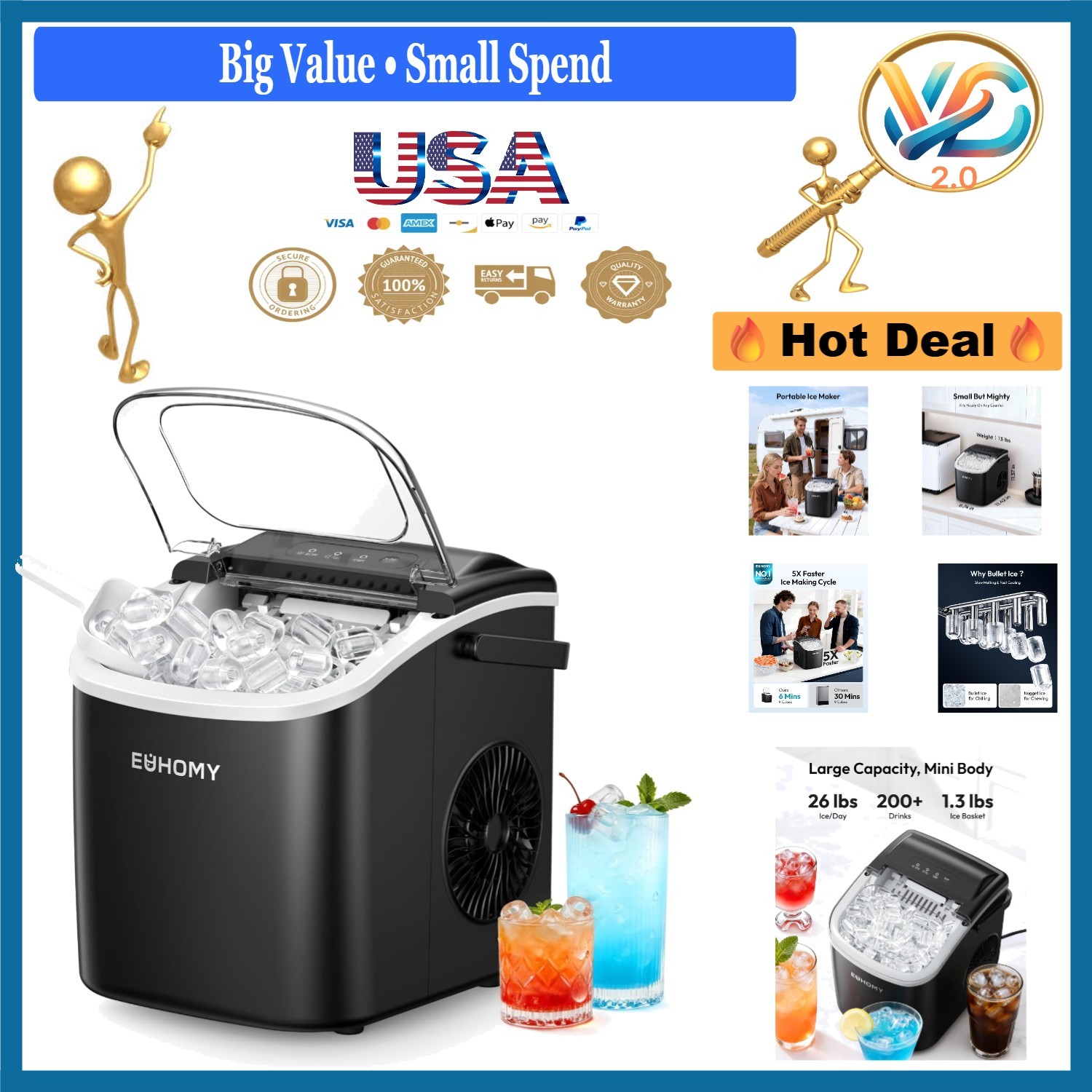 Countertop Ice Maker with Handle Black 26lbs/24H Fast Quiet Portable