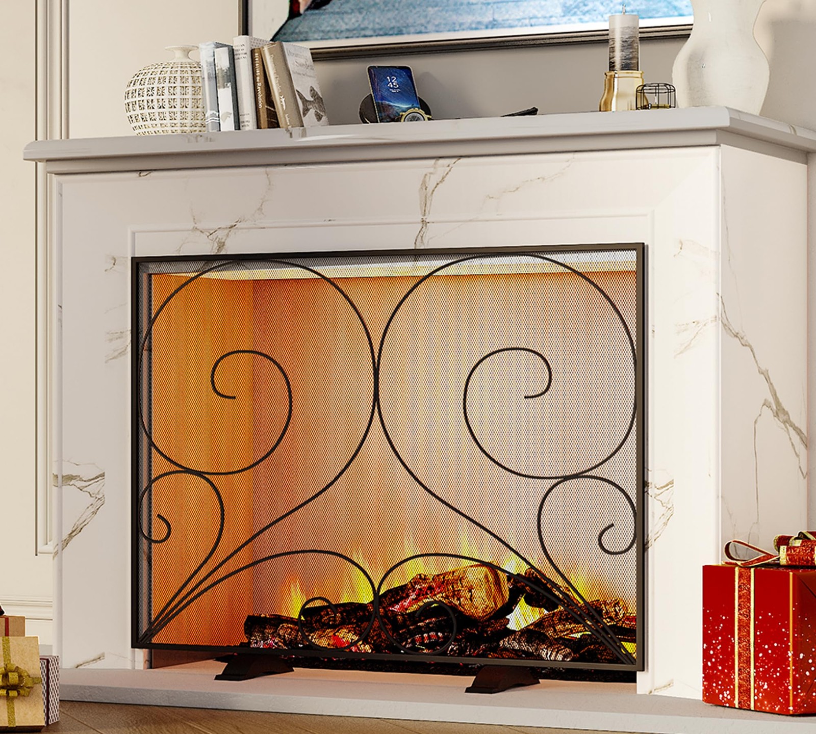 Fire Beauty Single Panel Fireplace Screen Wrought Iron Mesh, Handcrafted