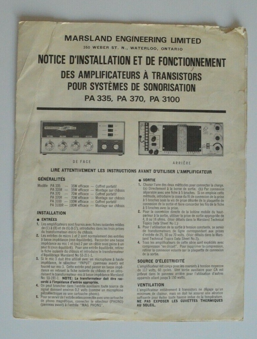 MARSLAND Installation and Operations manual PA 335 PA 370 PA 3100