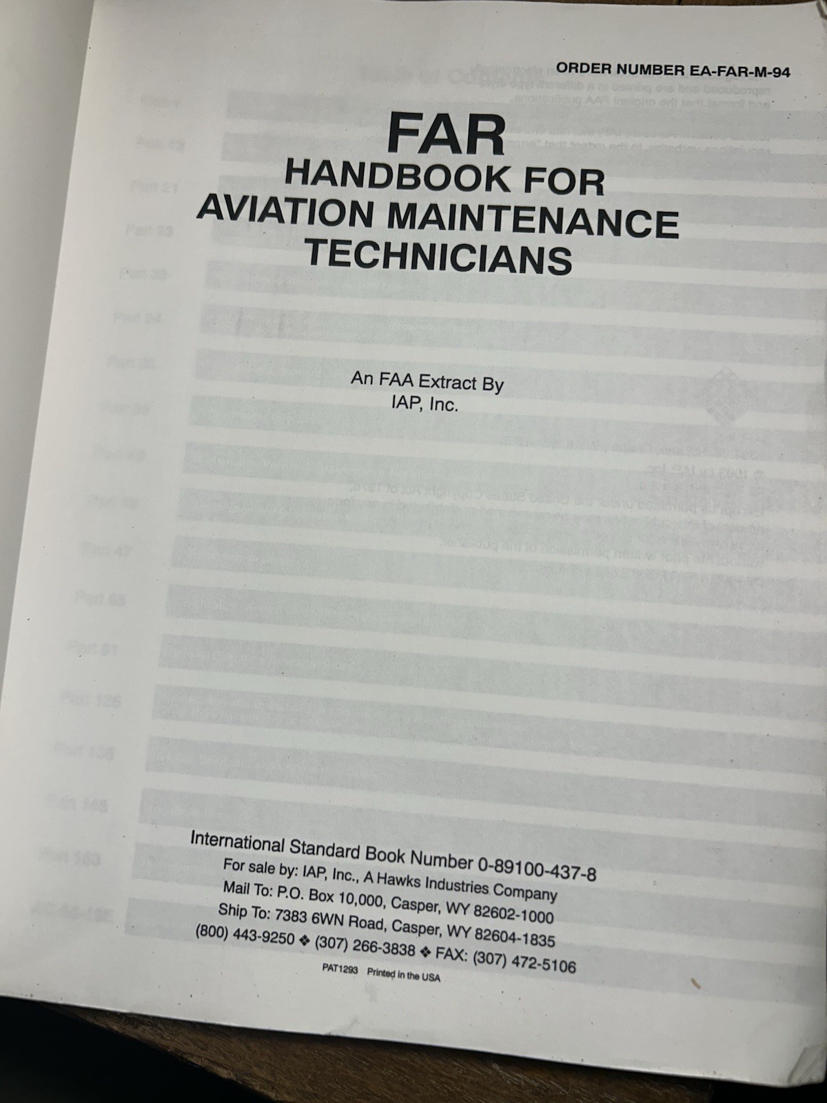 1994 FAR Handbook For Aviation Maintenance Technicians