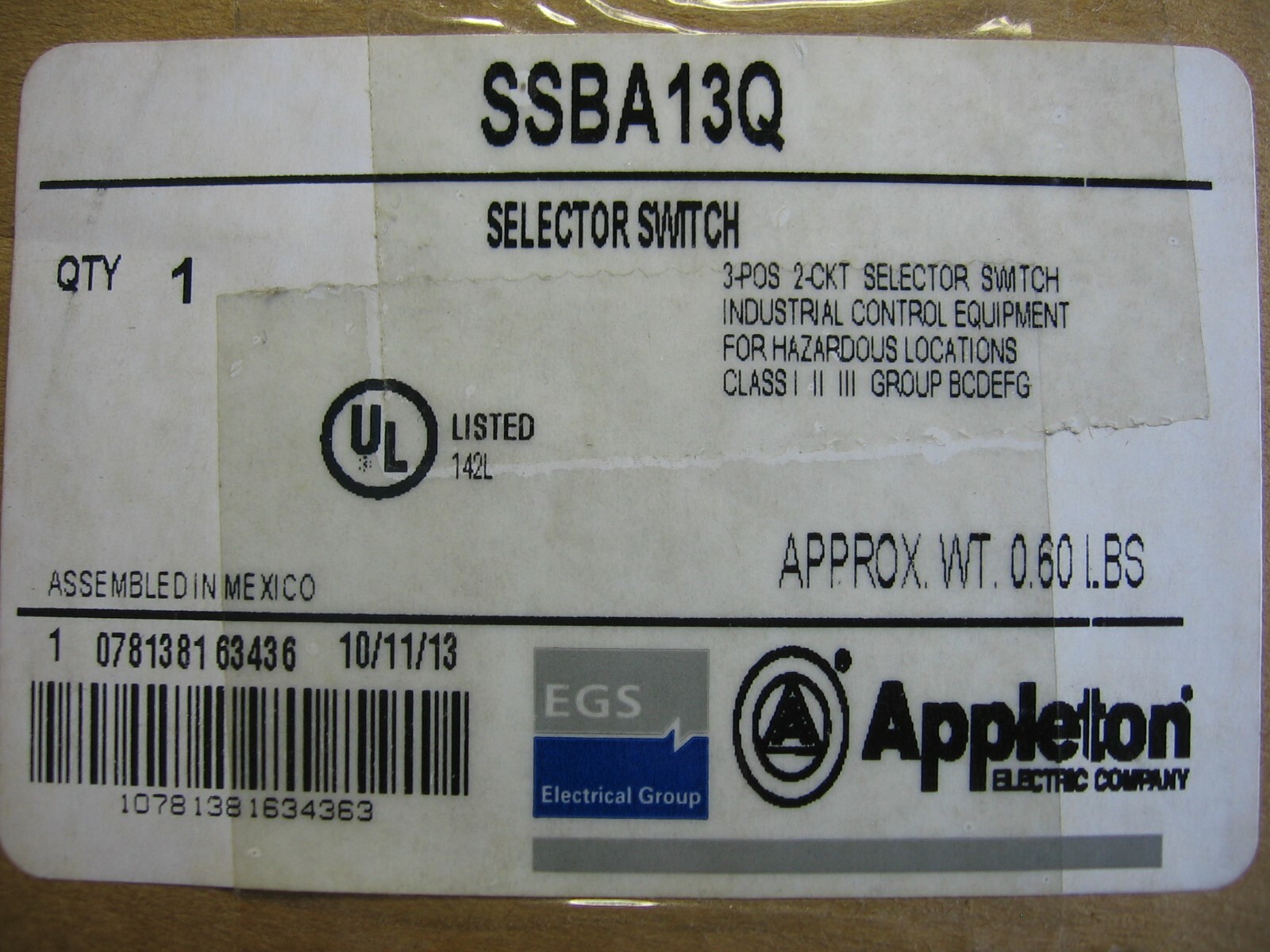 Take-Off Selector Switch Knob Assembly Only for Appleton EGS SSBA13Q / SSBA23Q