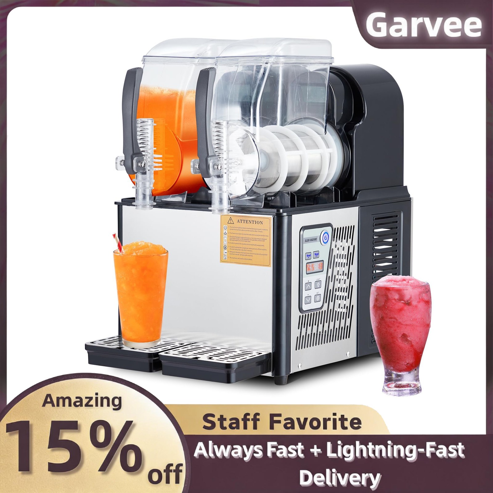 Dual 4L Commercial Slushie Machine, 370W, Self-Cleaning, 7.2L, Carbon Steel Hand
