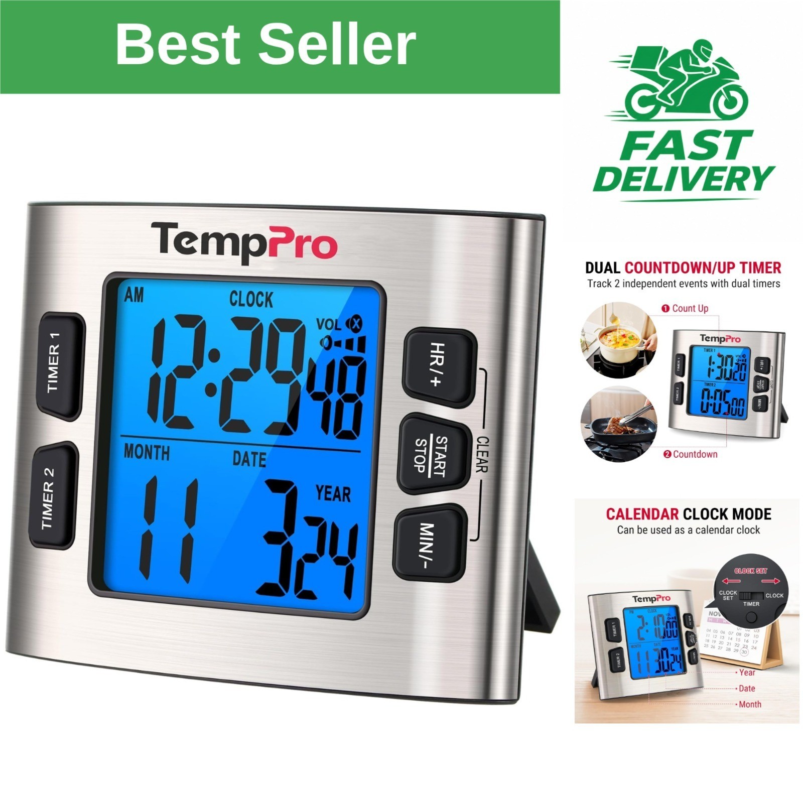TempPro TM02 24H Digital Kitchen Timer with Dual Timers & Adjustable Alarm