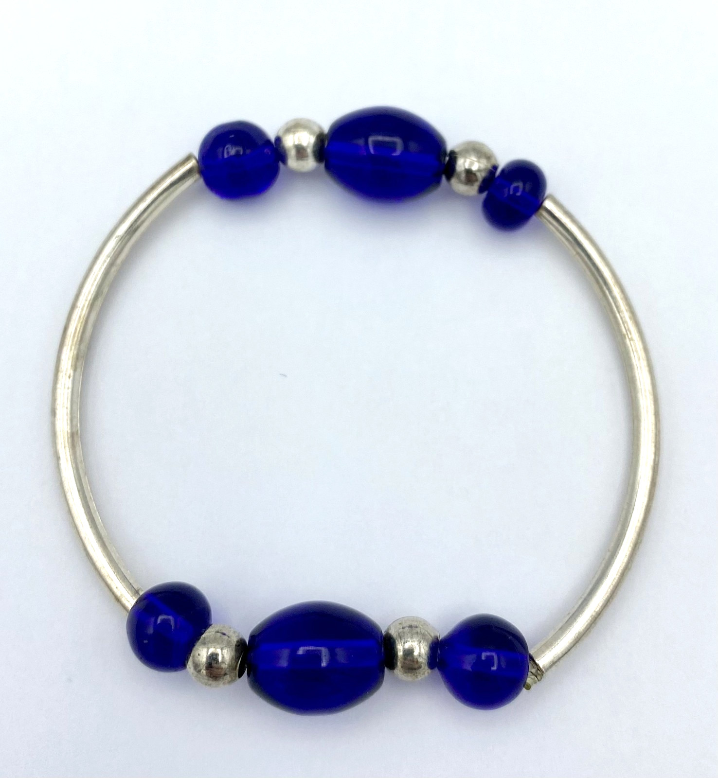 Artisan Made Cobalt Blue Glass Bead Stretch Bracelet Silvertone
