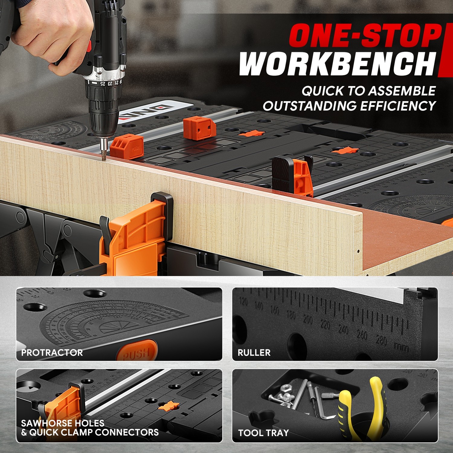 25" X 31.1" X 31.8" Painted Black Foldable Work Table for Workbench Sawhorse