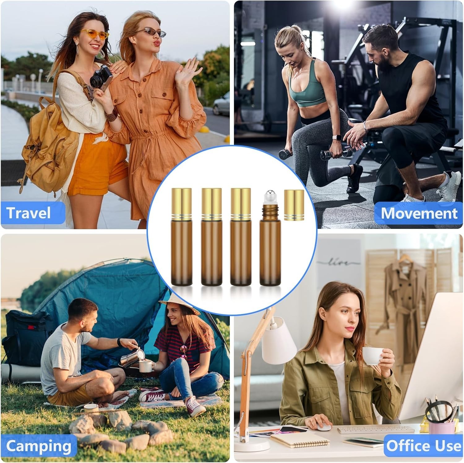 4 Pack Refillable Amber Glass Essential Oil Roller Bottles 10ml Leak-Proof