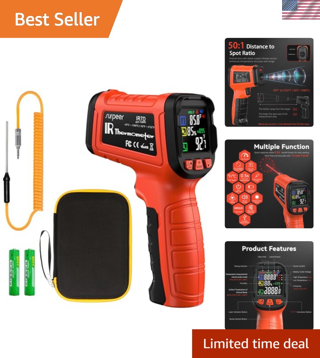 Precision Infrared Thermometer -58°F to 2732°F with 50:1 Laser for BBQ & Indu...
