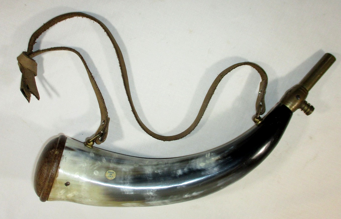 Vtg Gun Powder Horn~Italy~Brass Valve~Wooden Cap~Leather Strap~Preowned