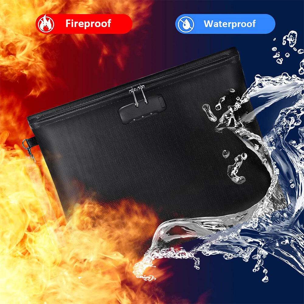Fireproof Document Bag Waterproof Safe Storage Pouch with Zipper&Lock Organizer