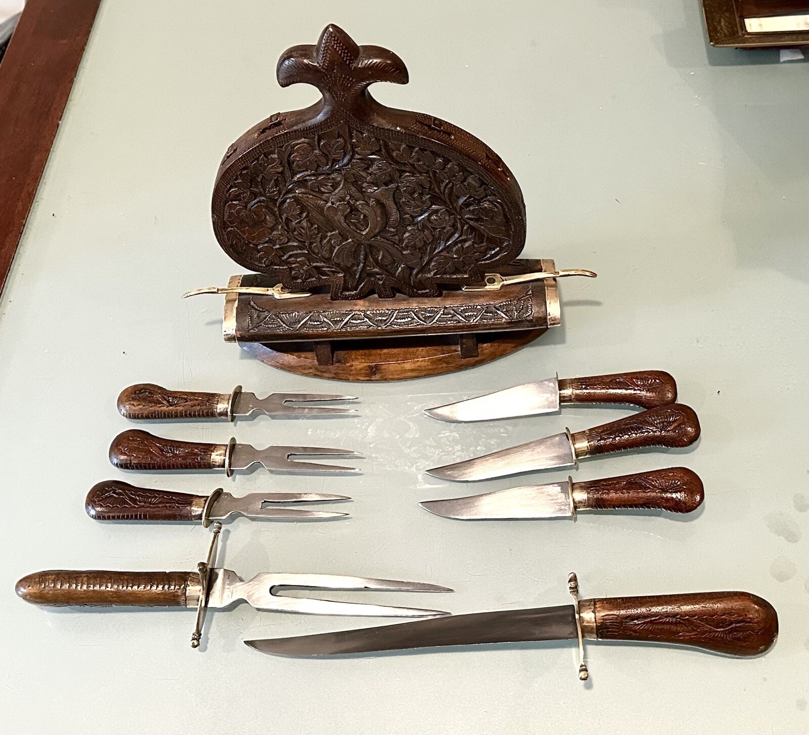 Antique Vintage India Set Carved Wood Rack Decor Carving Dagger Knives Forks