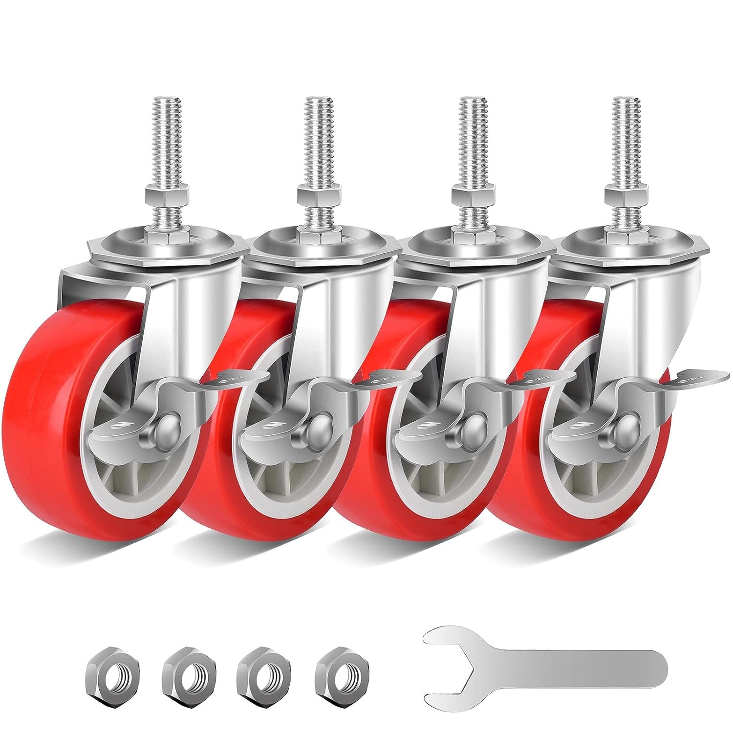 3 Inch Heavy Duty Stem Casters Swivel Wheels with Brake - 3/8" -16 Bright red
