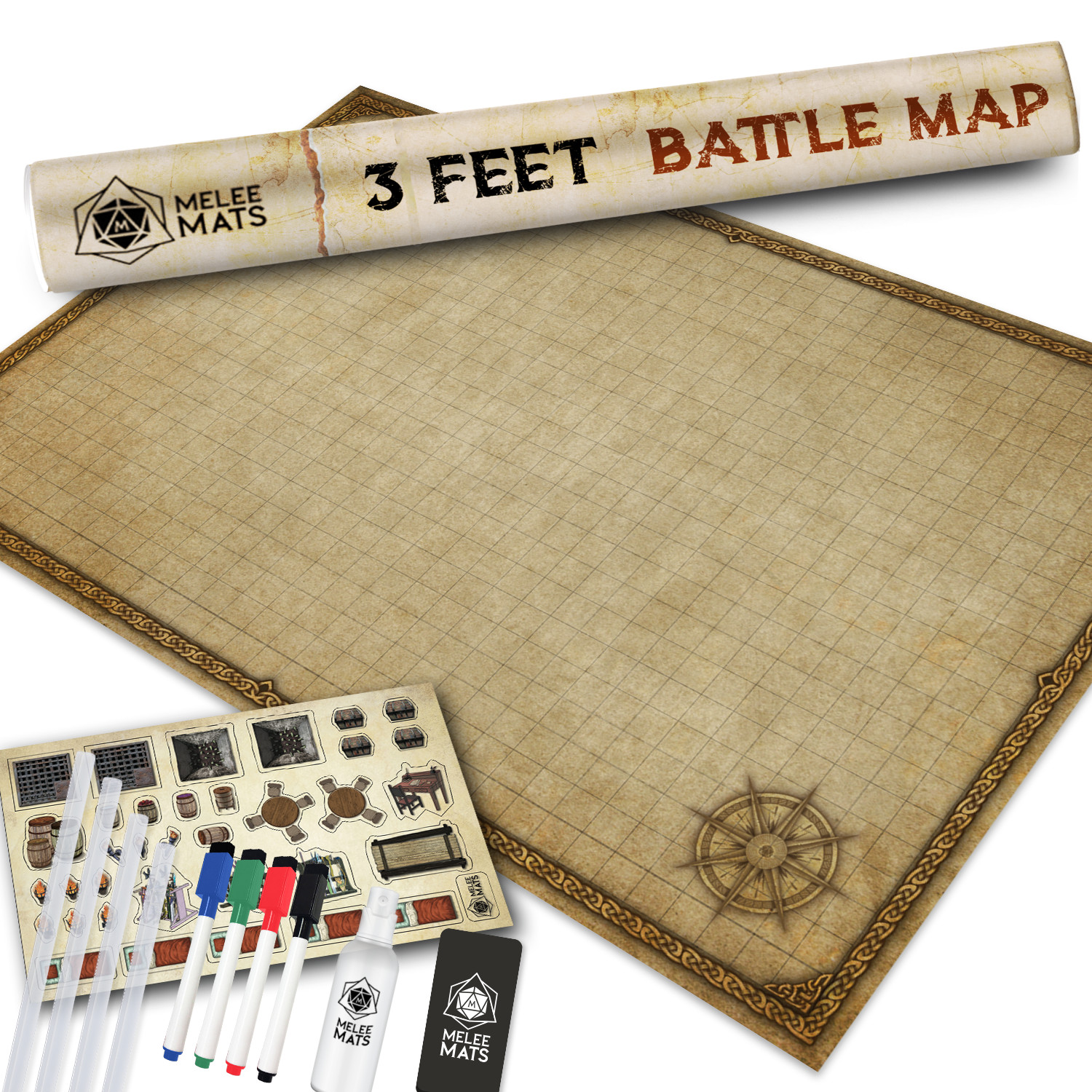 24x36 Dry Erase Gaming Mat for DND with Grid Map, Markers, Eraser, Travel Tube