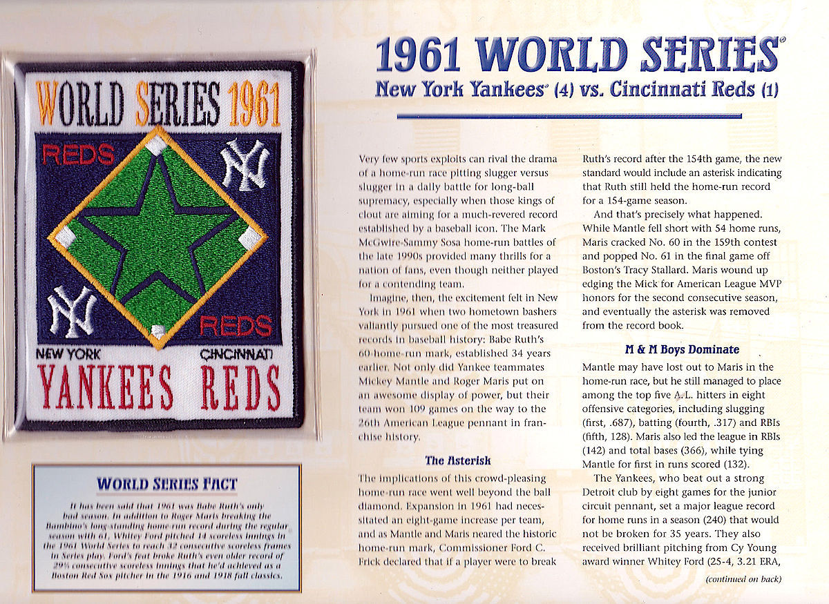 1961 WORLD SERIES PATCH CARD Willabee & Ward NEW YORK YANKEES vs CINCINNATI REDS
