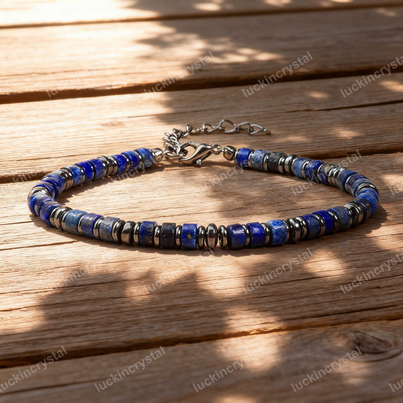 Natural Lapis Lazuli & Hematite Beaded Crystal Healing Reiki Stretch Bracelet