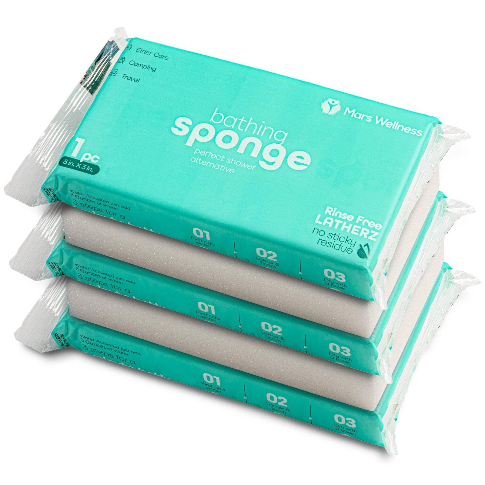 Latherz No Rinse Sponges - 5 Pack - Just Add Water - Shower Cleansing Soft Spong