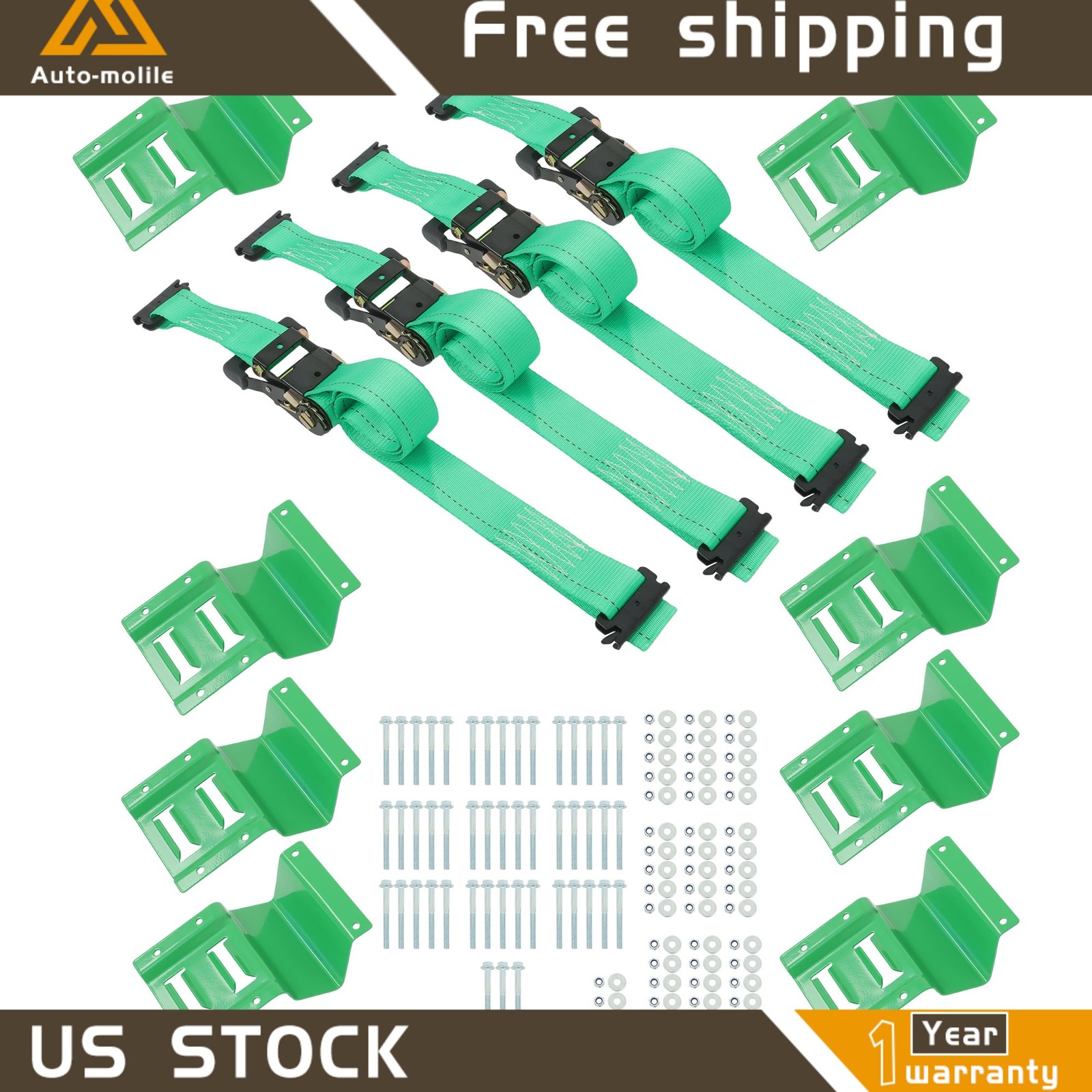 E Track Wheel Chock Tie Down System 8' Green Ratchet Straps Durable Secure Cargo
