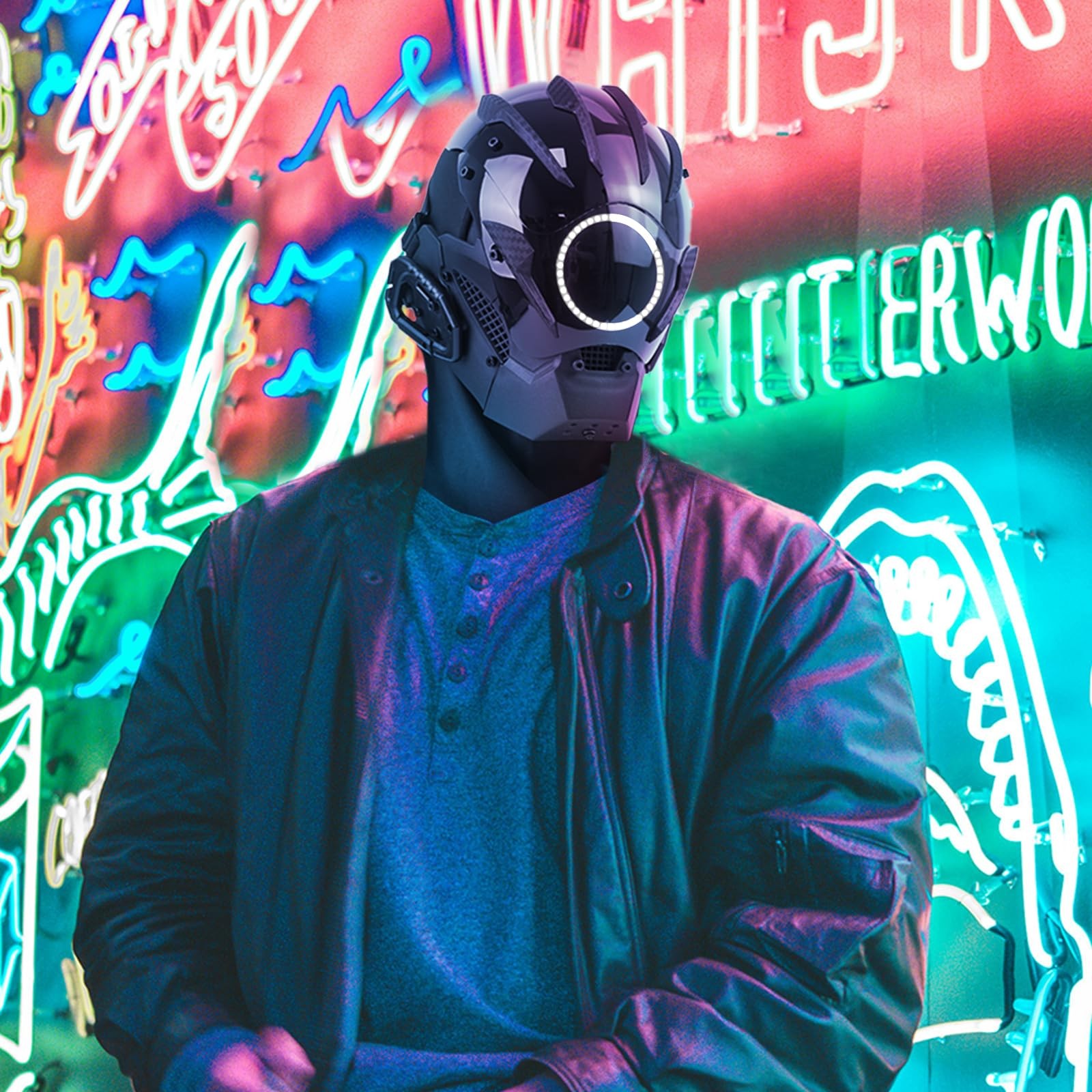 Punk LED Mask for Men - Adjustable Strap, Neon Glow Sci-Fi Standard, White