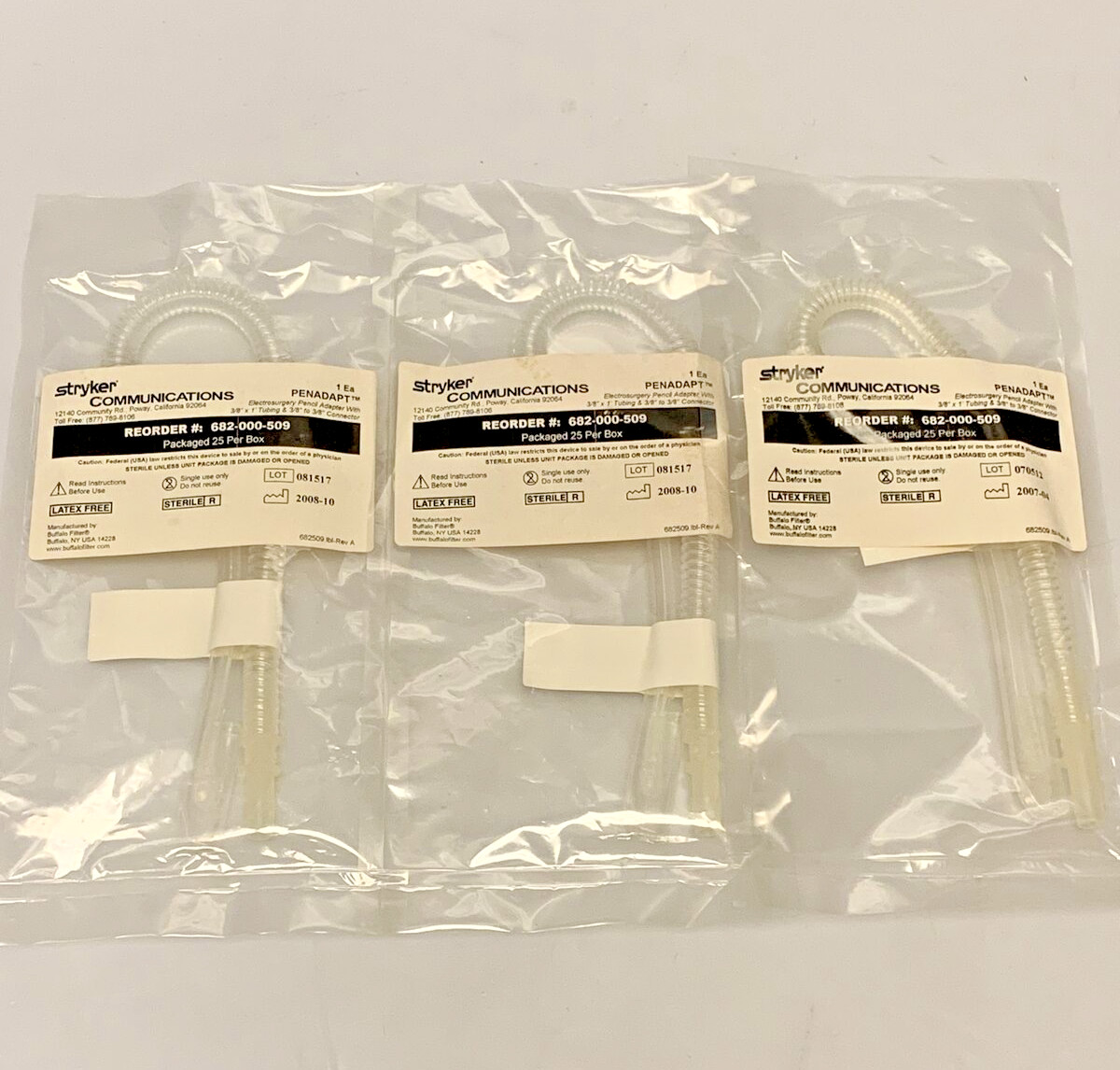 Lot of 3 Stryker 682-000-509 Electrosurgery Pencil Adapters W/Tubing & Connector