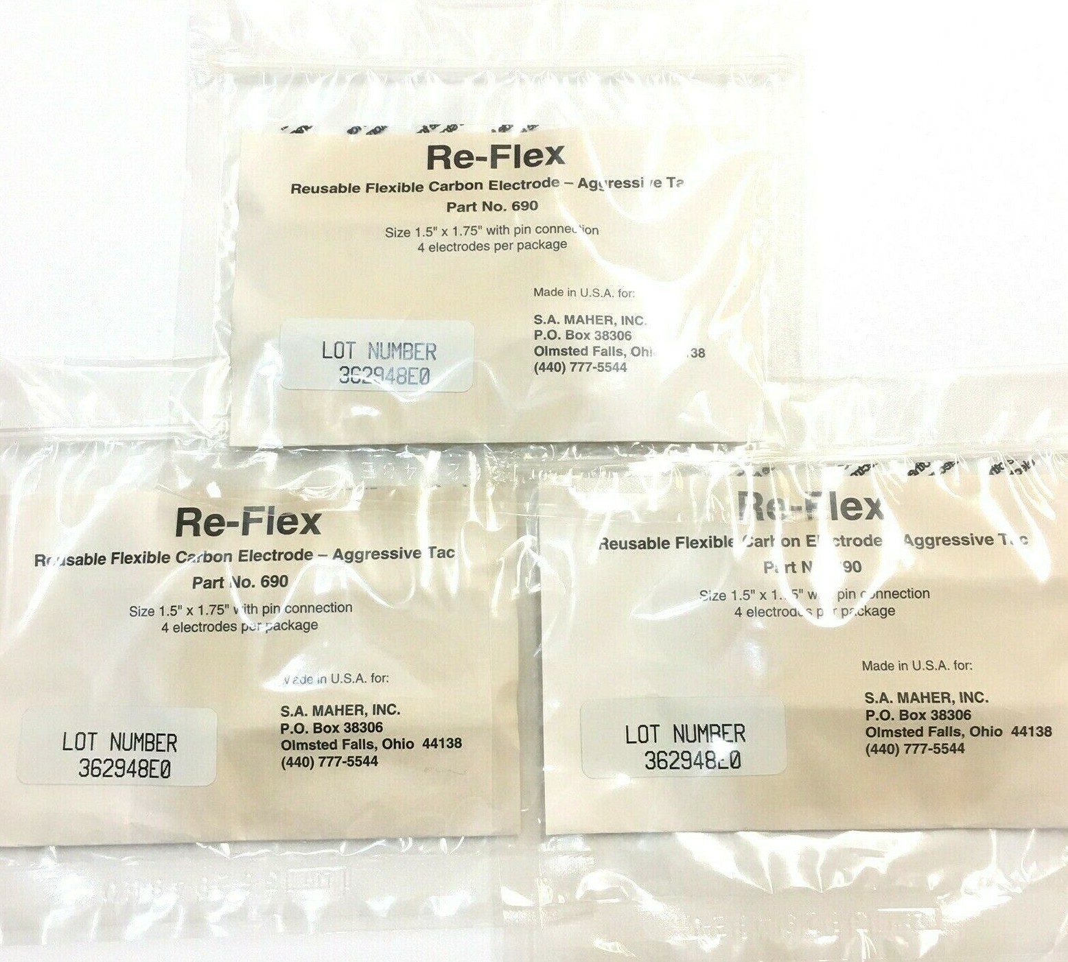 Re-Flex Electrodes ReUsable Self-Adhesive 3 Pack Lot 12 Pad Total 1.5"x1.75"