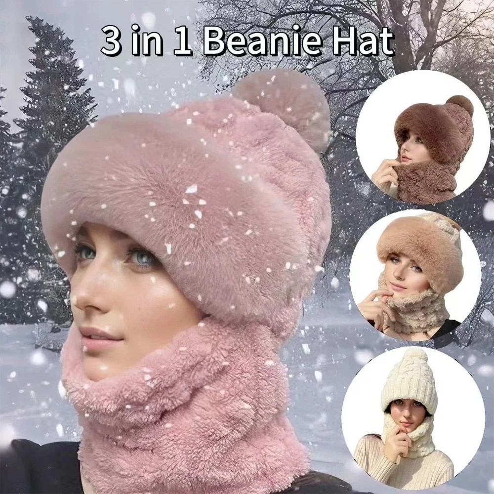 3 in 1 Beanie Hat with Scarf and Mask, Balaclava Women's Windproof Scarf Hat
